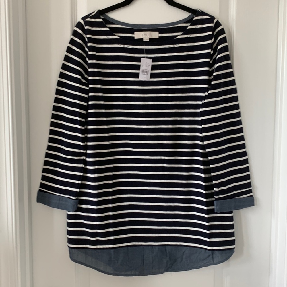 NWT LOFT Striped Print and Faux Chambray Undershirt 100% Cotton Top Size M